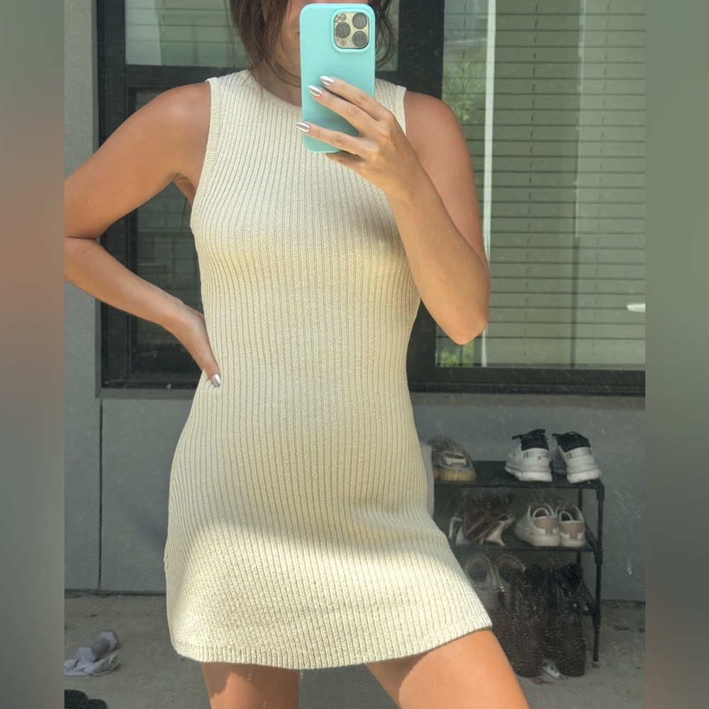 Sleeveless Ribbed Knit Dress in Cream